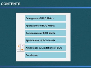 CONTENTS
Emergence of BCG Matrix
Approaches of BCG Matrix
Components of BCG Matrix
Applications of BCG Matrix
Advantages & Limitations of BCG
Conclusion
?
 