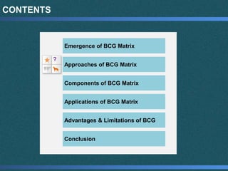 CONTENTS
Emergence of BCG Matrix
Approaches of BCG Matrix
Components of BCG Matrix
Applications of BCG Matrix
Advantages & Limitations of BCG
Conclusion
?
 