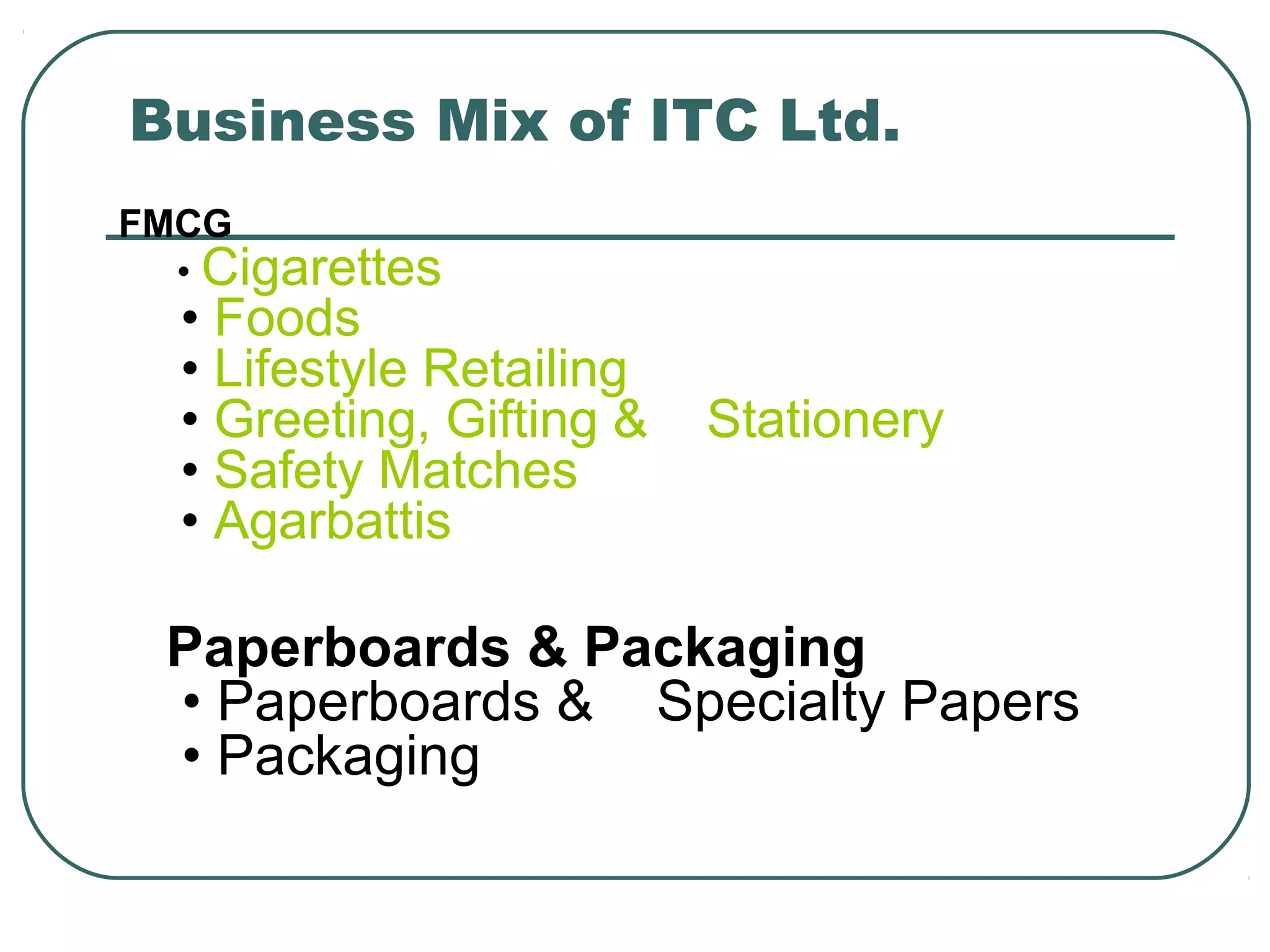 Business Mix of ITC Ltd.
FMCG
• Cigarettes
• Foods
• Lifestyle Retailing
• Greeting, Gifting & Stationery
• Safety Matches
• Agarbattis
Paperboards & Packaging
• Paperboards & Specialty Papers
• Packaging
 