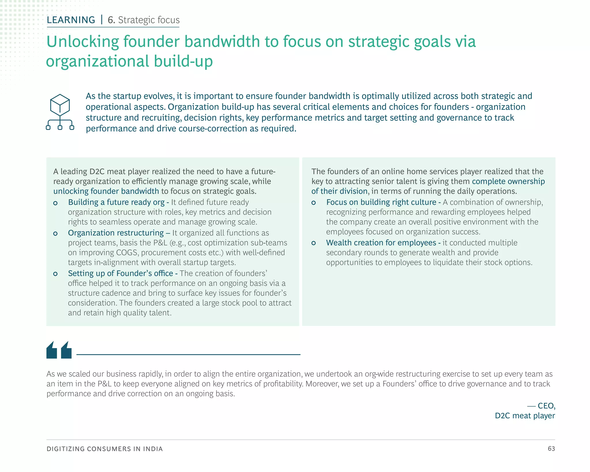 DIGITIZING CONSUMERS IN INDIA 63
As the startup evolves, it is important to ensure founder bandwidth is optimally utilized across both strategic and
operational aspects. Organization build-up has several critical elements and choices for founders - organization
structure and recruiting, decision rights, key performance metrics and target setting and governance to track
performance and drive course-correction as required.
As we scaled our business rapidly, in order to align the entire organization, we undertook an org-wide restructuring exercise to set up every team as
an item in the P&L to keep everyone aligned on key metrics of profitability. Moreover, we set up a Founders’ office to drive governance and to track
performance and drive correction on an ongoing basis.
— CEO,
D2C meat player
A leading D2C meat player realized the need to have a future-
ready organization to efficiently manage growing scale, while
unlocking founder bandwidth to focus on strategic goals.
• Building a future ready org - It defined future ready
organization structure with roles, key metrics and decision
rights to seamless operate and manage growing scale.
• Organization restructuring – It organized all functions as
project teams, basis the P&L (e.g., cost optimization sub-teams
on improving COGS, procurement costs etc.) with well-defined
targets in-alignment with overall startup targets.
• Setting up of Founder’s office - The creation of founders’
office helped it to track performance on an ongoing basis via a
structure cadence and bring to surface key issues for founder’s
consideration. The founders created a large stock pool to attract
and retain high quality talent.
The founders of an online home services player realized that the
key to attracting senior talent is giving them complete ownership
of their division, in terms of running the daily operations.
• Focus on building right culture - A combination of ownership,
recognizing performance and rewarding employees helped
the company create an overall positive environment with the
employees focused on organization success.
• Wealth creation for employees - it conducted multiple
secondary rounds to generate wealth and provide
opportunities to employees to liquidate their stock options.
Unlocking founder bandwidth to focus on strategic goals via
organizational build-up
LEARNING 6. Strategic focus
 