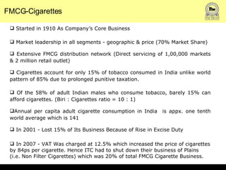 FMCG-Cigarettes Started in 1910 As Company’s Core Business Market leadership in all segments - geographic & price (70% Market Share) Extensive FMCG distribution network (Direct servicing of 1,00,000 markets & 2 million retail outlet) Cigarettes account for only 15% of tobacco consumed in India unlike world pattern of 85% due to prolonged punitive taxation. Of the 58% of adult Indian males who consume tobacco, barely 15% can afford cigarettes. (Biri : Cigarettes ratio = 10 : 1) Annual per capita adult cigarette consumption in India  is appx. one tenth world average which is 141 In 2001 - Lost 15% of Its Business Because of Rise in Excise Duty In 2007 - VAT Was charged at 12.5% which increased the price of cigarettes by 84ps per cigarette. Hence ITC had to shut down their business of Plains (i.e. Non Filter Cigarettes) which was 20% of total FMCG Cigarette Business.  