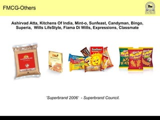 FMCG-Others Ashirvad Atta, Kitchens Of India, Mint-o, Sunfeast, Candyman, Bingo, Superia,  Wills LifeStyle, Fiama Di Wills, Expressions, Classmate ‘ Superbrand 2006‘  - Superbrand Council. 