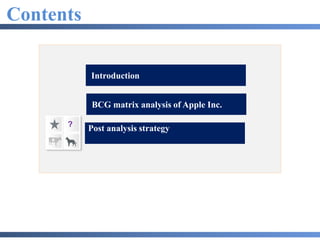 Contents
Post analysis strategy
BCG matrix analysis of Apple Inc.
?
Introduction
 