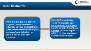 9
Trend Neutralizer
Trend Neutralizer is a proven
program that guarantees a
reduction in your medical trend
costs, based on the level of your
company’s participation in
various health plan best
practices.
With BCG’s exclusive
Trend Neutralizer, your
company and employees
benefit directly from these
savings (instead of just
adding to your insurance
carrier’s bottom line).
 