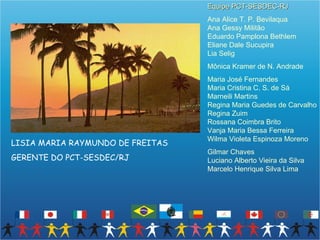 Equipe PCT-SESDEC-RJ
                                  Ana Alice T. P. Bevilaqua
                                  Ana Gessy Militão
                                  Eduardo Pamplona Bethlem
                                  Eliane Dale Sucupira
                                  Lia Selig
                                  Mônica Kramer de N. Andrade
                                  Maria José Fernandes
                                  Maria Cristina C. S. de Sá
                                  Marneili Martins
                                  Regina Maria Guedes de Carvalho
                                  Regina Zuim
                                  Rossana Coimbra Brito
                                  Vanja Maria Bessa Ferreira
                                  Wilma Violeta Espinoza Moreno
LISIA MARIA RAYMUNDO DE FREITAS
                                  Gilmar Chaves
GERENTE DO PCT-SESDEC/RJ          Luciano Alberto Vieira da Silva
                                  Marcelo Henrique Silva Lima
 
