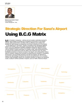 study




     Mohammed Salem Awad
     PhD Candidature
     Aviation Management - India




     Strategic Direction For Sana’a Airport
     Using B.C.G Matrix
     M     ost of aviation companies – airlines and civil aviation authorities looking for
           the right strategy to evaluate the competitive environment in the aviation
     industry, while some of them use BCG matrix as effective tool to define and
     develop the right decision, as supporting, surviving or drawing out of the market.
       In the beginning of 1970 BCG – Boston Consulting Group developed different
     patterns for working units or the bigger production lines, they developed BCG-
     matrix addressing GROWTH RATE and MARKET SHARE for different working
     units as airlines or airport authorities on a graphic scale, while airlines/airports try
     to compare their performance with the others, they implement open sky policy,
     facilitated procedures to improve its share in the region, and consequently it will be
     easy to compare, analysis and conclude for positioning the company in competitive
     environment, and accordingly decisions are hold and solution are delivered to
     support the right strategy to improve the service and performance. So in aviation
     industry these strategies reflects the competitive situation for regions and operating
     routes, usually for airlines activities in airports, such as Traffic of Sanna’a Airport.




                                            Economy
                                                                             Other Industries
          Demographics

                                                                                                     Technology




                                        Customers                           Substitutes
          Distributors                                                                           Suppliers




                                                                                Culture         Competitors
         Government
                                          Prospects




18
 