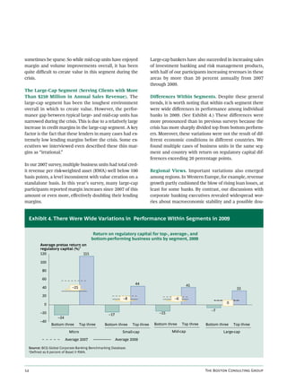 sometimes be sparse. So while mid-cap units have enjoyed                     Large-cap bankers have also succeeded in increasing sales
margin and volume improvements overall, it has been                          of investment banking and risk management products,
quite diﬃcult to create value in this segment during the                     with half of our participants increasing revenues in these
crisis.                                                                      areas by more than 20 percent annually from 2007
                                                                             through 2009.
The Large-Cap Segment (Serving Clients with More
Than $250 Million in Annual Sales Revenue). The                              Diﬀerences Within Segments. Despite these general
large-cap segment has been the toughest environment                          trends, it is worth noting that within each segment there
overall in which to create value. However, the perfor-                       were wide diﬀerences in performance among individual
mance gap between typical large- and mid-cap units has                       banks in 2009. (See Exhibit 4.) These diﬀerences were
narrowed during the crisis. This is due to a relatively large                more pronounced than in previous surveys because the
increase in credit margins in the large-cap segment. A key                   crisis has more sharply divided top from bottom perform-
factor is the fact that these lenders in many cases had ex-                  ers. Moreover, these variations were not the result of dif-
tremely low lending margins before the crisis. Some ex-                      ferent economic conditions in diﬀerent countries. We
ecutives we interviewed even described these thin mar-                       found multiple cases of business units in the same seg-
gins as “irrational.”                                                        ment and country with return on regulatory capital dif-
                                                                             ferences exceeding 20 percentage points.
In our 2007 survey, multiple business units had total cred-
it revenue per risk-weighted asset (RWA) well below 100                      Regional Views. Important variations also emerged
basis points, a level inconsistent with value creation on a                  among regions. In Western Europe, for example, revenue
standalone basis. In this year’s survey, many large-cap                      growth partly cushioned the blow of rising loan losses, at
participants reported margin increases since 2007 of this                    least for some banks. By contrast, our discussions with
amount or even more, eﬀectively doubling their lending                       corporate banking executives revealed widespread wor-
margins.                                                                     ries about macroeconomic stability and a possible dou-


  Exhibit 4. There Were Wide Variations in Performance Within Segments in 2009

                                          Return on regulatory capital for top-, average-, and
                                         bottom-performing business units by segment, 2009
        Average pretax return on
        regulatory capital (%)1
        120                     115

        100

          80

          60
                                                                  44                              41
          40                –25                                                                                           33
          20
                                                            –8                           –6
           0                                                                                                         0
                                                                                                             –7
        –20                                       –17                            –15
                   –24
        –40
               Bottom three        Top three    Bottom three     Top three     Bottom three   Top three   Bottom three   Top three
                           Micro                           Small-cap                    Mid-cap                    Large-cap
                         Average 2007                   Average 2009

  Source: BCG Global Corporate-Banking Benchmarking Database.
  1
   Defined as 8 percent of Basel II RWA.




                                                                                                        T B C G
 