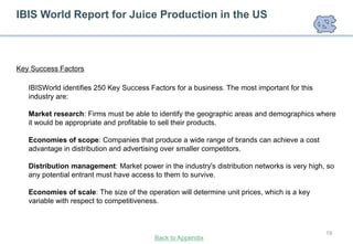 IBIS World Report for Juice Production in the US



Key Success Factors

   IBISWorld identifies 250 Key Success Factors for a business. The most important for this
   industry are:

   Market research: Firms must be able to identify the geographic areas and demographics where
   it would be appropriate and profitable to sell their products.

   Economies of scope: Companies that produce a wide range of brands can achieve a cost
   advantage in distribution and advertising over smaller competitors.

   Distribution management: Market power in the industry's distribution networks is very high, so
   any potential entrant must have access to them to survive.

   Economies of scale: The size of the operation will determine unit prices, which is a key
   variable with respect to competitiveness.



                                                                                              19
                                          Back to Appendix
 