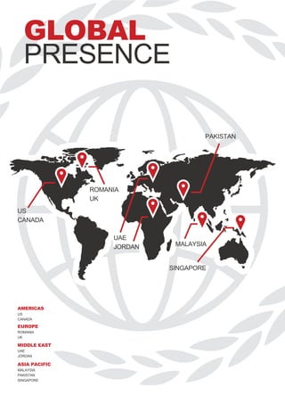 GLOBAL
PRESENCE
ROMANIA
UK
US
CANADA
UAE
JORDAN MALAYSIA
PAKISTAN
SINGAPORE
AMERICAS
US
CANADA
ROMANIA
UK
UAE
JORDAN
MALAYSIA
PAKISTAN
SINGAPORE
EUROPE
MIDDLE EAST
ASIA PACIFIC
 