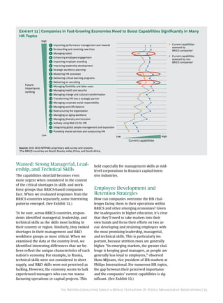 The Boston Consulting Group • World Federation Of People Management Associations | 25
Wanted: Strong Managerial, Lead-
ership, and Technical Skills
The capabilities shortfall becomes even
more urgent when considered in the context
of the critical shortages in skills and work-
force groups that BRICS-based companies
face. When we evaluated responses from the
BRICS countries separately, some interesting
patterns emerged. (See Exhibit 12.)
To be sure, across BRICS countries, respon-
dents identified managerial, leadership, and
technical skills as the skills most lacking in
their country or region. Similarly, they ranked
shortages in their management and R&D
workforce groups as most critical. When we
examined the data at the country level, we
identified interesting differences that we be-
lieve reflect the unique characteristics of each
nation’s economy. For example, in Russia,
technical skills were not considered in short
supply, and R&D skills were not perceived as
lacking. However, the economy seems to lack
experienced managers who can run manu-
facturing operations or capital projects. This
held especially for management skills at mid-
level corporations in Russia’s capital-inten-
sive industries.
Employee Development and
Retention Strategies
How can companies overcome the HR chal-
lenges facing them in their operations within
BRICS and other emerging economies? Given
the inadequacies in higher education, it’s clear
that they’ll need to take matters into their
own hands and focus their efforts on two ar-
eas: developing and retaining employees with
the most promising leadership, managerial,
and technical skills. This is particularly im-
portant, because attrition rates are generally
higher. “In emerging markets, the greater chal-
lenge is keeping good managers, as people are
generally less loyal to employers,” observed
Hans Mijnans, vice president of HR markets at
Philips International. For numerous HR topics,
the gap between their perceived importance
and the companies’ current capabilities is sig-
nificant. (See Exhibit 13.)
Integrating global people management and expansion
Actively using Web 2.0 for HR
Managing diversity and inclusion
Managing an aging workforce
Restructuring the organization
Managing work-life balance
Managing corporate social responsibility
Transforming HR into a strategic partner
Managing change and cultural transformation
Managing health and security
Managing ﬂexibility and labor costs
Delivering on recruiting
Delivering critical learning programs
Mastering HR processes
Strategic workforce planning
Improving leadership development
Improving employer branding
Enhancing employee engagement
Managing talent
On-boarding and retaining new hires
Improving performance management and rewards
Low
High
Future
importance
ranking
Providing shared services and outsourcing HR
Current capabilities
assessed by
BRICS companies1
Current capabilities
assessed by non-
BRICS companies1
Current capabilities
Low High
18
19
20
21
1
2
3
4
5
6
7
8
9
10
11
12
13
14
15
16
17
22
Source: 2012 BCG/WFPMA proprietary web survey and analysis.
1
The BRICS countries are Brazil, Russia, India, China, and South Africa.
Exhibit 11 | Companies in Fast-Growing Economies Need to Boost Capabilities Significantly in Many
HR Topics
 