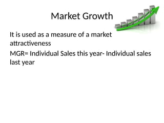 Market Growth
It is used as a measure of a market
attractiveness
MGR= Individual Sales this year- Individual sales
last year
 