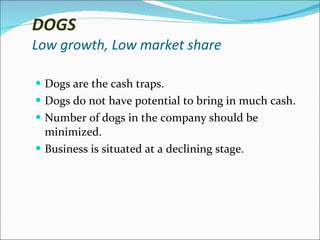 DOGS Low growth, Low market share Dogs are the cash traps. Dogs do not have potential to bring in much cash. Number of dogs in the company should be minimized. Business is situated at a declining stage.  