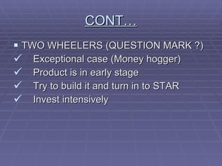 CONT… TWO WHEELERS (QUESTION MARK ?) Exceptional case (Money hogger) Product is in early stage Try to build it and turn in to STAR Invest intensively 