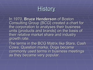 History In 1970,  Bruce Henderson  of Boston Consulting Group {BCG} created a chart for the corporation to analyses their business units {products and brands} on the basis of their relative market share and industry growth rate. The terms in the BCG Matrix like Stars, Cash Cows, Question marks, Dogs became commonly used terms in business meetings as they became very popular. 