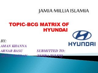 TOPIC-BCG MATRIX OF
HYUNDAI’
BY:
AMAN KHANNA
ARNAB BASU SUBMITTED TO:
ARNAV RAZDAN ZEHRA ZULFIQ
 