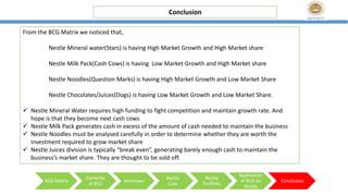 Conclusion
BCG Matrix
Elements
of BCG
Advantages
Nestle
Case
Nestle
Portfolio
Application
of BCG on
Nestle
Conclusion
From the BCG Matrix we noticed that,
Nestle Mineral water(Stars) is having High Market Growth and High Market share
Nestle Milk Pack(Cash Cows) is having Low Market Growth and High Market share
Nestle Noodles(Question Marks) is having High Market Growth and Low Market Share
Nestle Chocolates/Juices(Dogs) is having Low Market Growth and Low Market Share.
 Nestle Mineral Water requires high funding to fight competition and maintain growth rate. And
hope is that they become next cash cows
 Nestle Milk Pack generates cash in excess of the amount of cash needed to maintain the business
 Nestle Noodles must be analysed carefully in order to determine whether they are worth the
investment required to grow market share
 Nestle Juices division is typically “break even”, generating barely enough cash to maintain the
business’s market share. They are thought to be sold off.
 