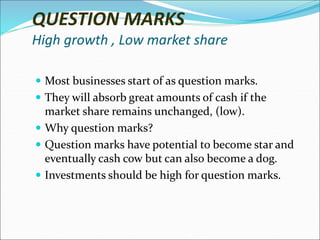 QUESTION MARKS
High growth , Low market share
 Most businesses start of as question marks.
 They will absorb great amounts of cash if the
market share remains unchanged, (low).
 Why question marks?
 Question marks have potential to become star and
eventually cash cow but can also become a dog.
 Investments should be high for question marks.
 