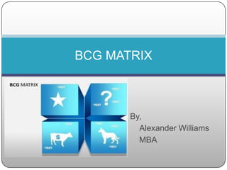 BCG MATRIX



       By,
         Alexander Williams
         MBA
 