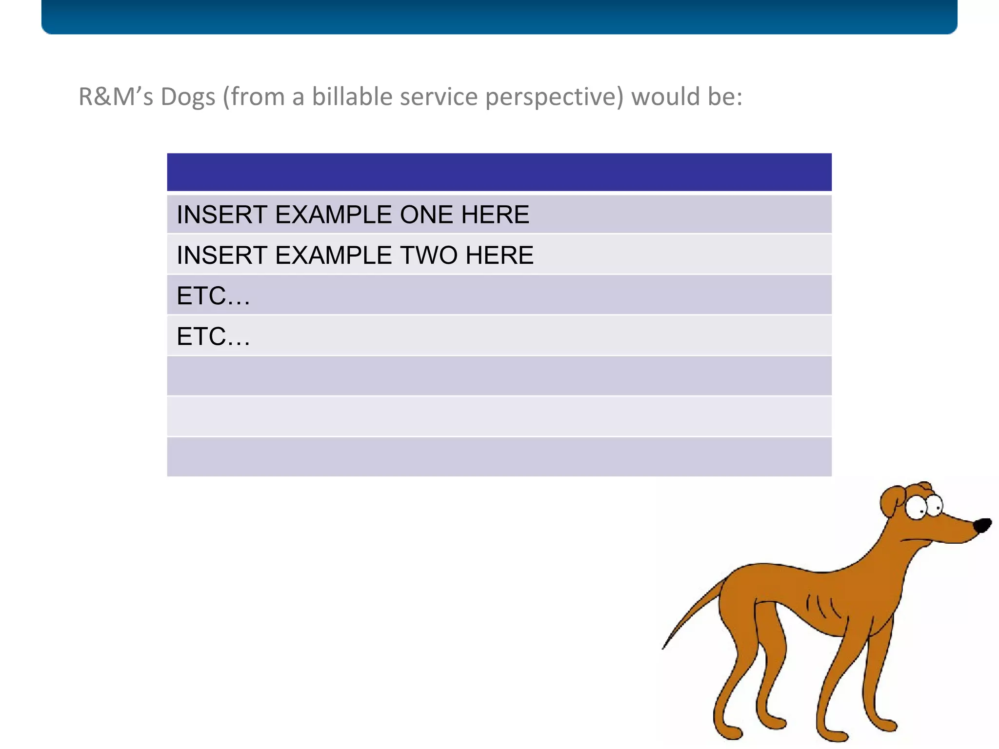R&M’s Dogs (from a billable service perspective) would be:  INSERT EXAMPLE ONE HERE INSERT EXAMPLE TWO HERE ETC… ETC… 