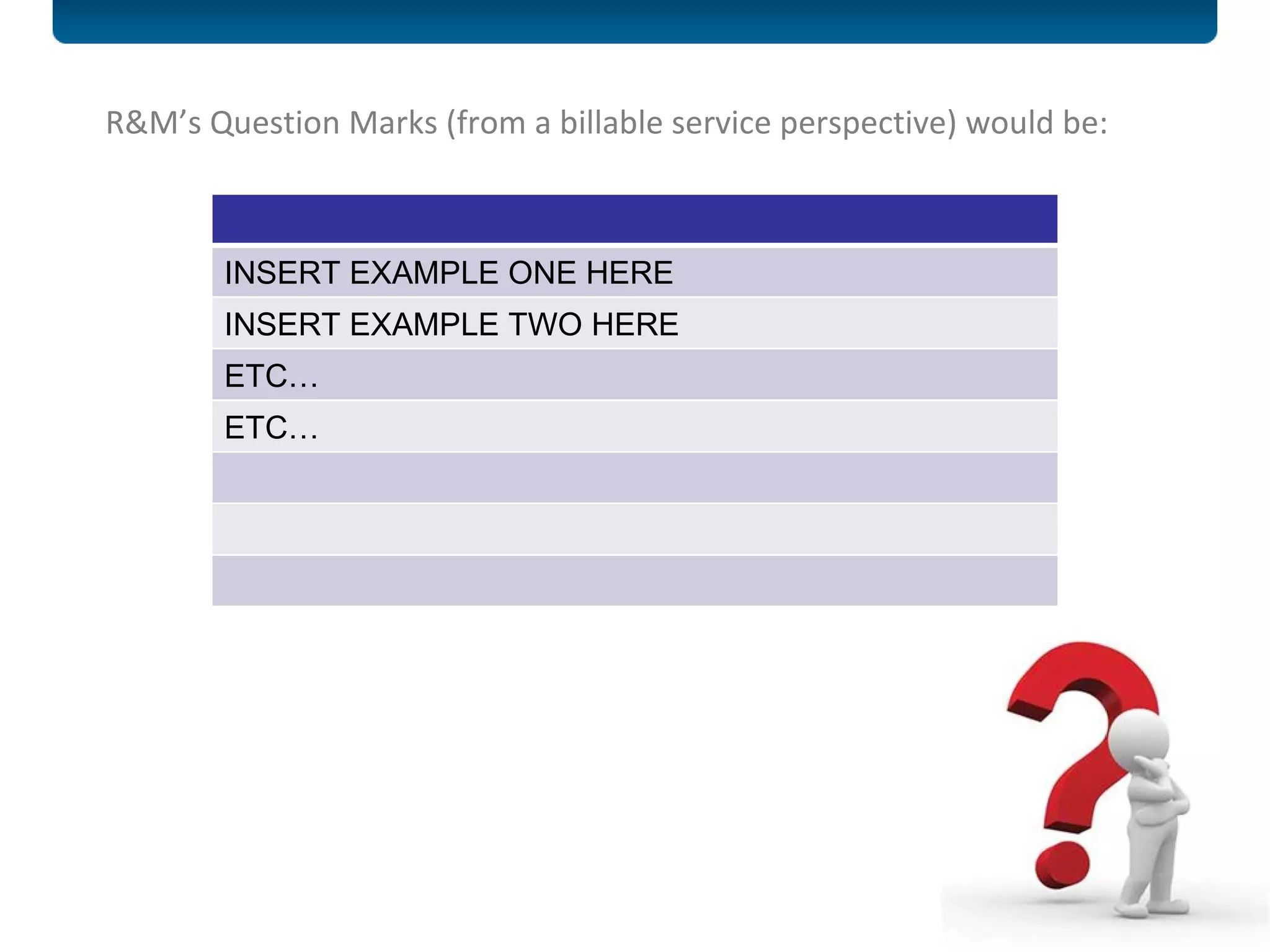 R&M ’s Question Marks (from a billable service perspective) would be:  INSERT EXAMPLE ONE HERE INSERT EXAMPLE TWO HERE ETC… ETC… 