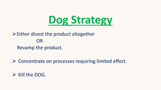 Dog Strategy
Either divest the product altogether
OR
Revamp the product.
 Concentrate on processes requiring limited effort.
 Kill the DOG.
 