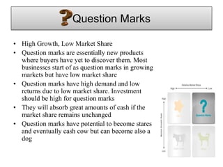 Question Marks
• High Growth, Low Market Share
• Question marks are essentially new products
where buyers have yet to discover them. Most
businesses start of as question marks in growing
markets but have low market share
• Question marks have high demand and low
returns due to low market share. Investment
should be high for question marks
• They will absorb great amounts of cash if the
market share remains unchanged
• Question marks have potential to become stares
and eventually cash cow but can become also a
dog
 
