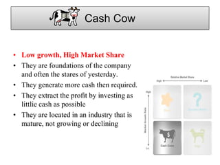 Cash Cow
• Low growth, High Market Share
• They are foundations of the company
and often the stares of yesterday.
• They generate more cash then required.
• They extract the profit by investing as
littlie cash as possible
• They are located in an industry that is
mature, not growing or declining
 