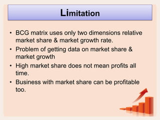 Limitation
• BCG matrix uses only two dimensions relative
market share & market growth rate.
• Problem of getting data on market share &
market growth
• High market share does not mean profits all
time.
• Business with market share can be profitable
too.
 