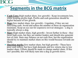 Segments in the BCG matrix
 Cash Cows (high market share, low growth) - Keep investments low,
  while keeping profits high. Profits and cash generation should be
  higher because of low growth.
 Dogs (low market share, low growth) - Liquidate, if they are not
  delivering cash. Avoid and reduce the number of these an organization
  maintains. Keep an eye out for expensive revival strategies - a dog is
  typically always a dog.
 Stars (high market share, high growth) - Invest further in these - they
  incur high costs, but they are market leaders and should also generate
  lots of cash. Stars may balance on net cash flow, but the organization
  should try to maintain market share on this would because rewards are
  likely
 Question marks (low market share, but high growth) - These have
  poor cash inflow, but have high demands and low returns due to low
  market share. Efforts should be made to change market share. If this
  isn’t possible, this will likely turn into a dog as growth slows.
 