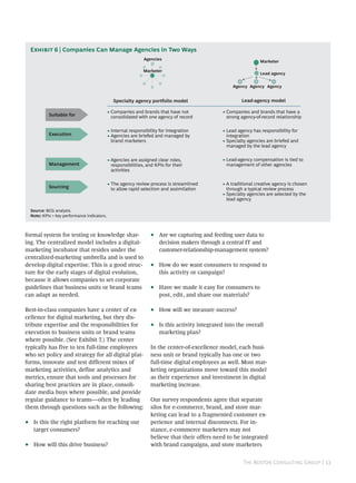 E  | Companies Can Manage Agencies in Two Ways
                                                                 Agencies
                                                                                                                     Marketer

                                                                 Marketer
                                                                                                                     Lead agency


                                                                                                        Agency Agency Agency


                                                 Specialty agency portfolio model                           Lead-agency model

                                               • Companies and brands that have not                • Companies and brands that have a
             Suitable for                        consolidated with one agency of record              strong agency-of-record relationship

                                               • Internal responsibility for integration           • Lead agency has responsibility for
             Execution                         • Agencies are briefed and managed by                 integration
                                                 brand marketers                                   • Specialty agencies are briefed and
                                                                                                     managed by the lead agency

                                               • Agencies are assigned clear roles,                • Lead-agency compensation is tied to
             Management                          responsibilities, and KPIs for their                management of other agencies
                                                 activities

                                               • The agency review process is streamlined          • A traditional creative agency is chosen
             Sourcing                            to allow rapid selection and assimilation           through a typical review process
                                                                                                   • Specialty agencies are selected by the
                                                                                                     lead agency

    Source: BCG analysis.
    Note: KPIs = key performance indicators.



formal system for testing or knowledge shar-                        •    Are we capturing and feeding user data to
ing. The centralized model includes a digital-                           decision makers through a central IT and
marketing incubator that resides under the                               customer-relationship-management system?
centralized-marketing umbrella and is used to
develop digital expertise. This is a good struc-                    •    How do we want consumers to respond to
ture for the early stages of digital evolution,                          this activity or campaign?
because it allows companies to set corporate
guidelines that business units or brand teams                       •    Have we made it easy for consumers to
can adapt as needed.                                                     post, edit, and share our materials?

Best-in-class companies have a center of ex-                        •    How will we measure success?
cellence for digital marketing, but they dis-
tribute expertise and the responsibilities for                      •    Is this activity integrated into the overall
execution to business units or brand teams                               marketing plan?
where possible. (See Exhibit 7.) The center
typically has five to ten full-time employees                       In the center-of-excellence model, each busi-
who set policy and strategy for all digital plat-                   ness unit or brand typically has one or two
forms, innovate and test different mixes of                         full-time digital employees as well. Most mar-
marketing activities, define analytics and                          keting organizations move toward this model
metrics, ensure that tools and processes for                        as their experience and investment in digital
sharing best practices are in place, consoli-                       marketing increase.
date media buys where possible, and provide
regular guidance to teams—often by leading                          Our survey respondents agree that separate
them through questions such as the following:                       silos for e-commerce, brand, and store mar-
                                                                    keting can lead to a fragmented customer ex-
•    Is this the right platform for reaching our                    perience and internal disconnects. For in-
     target consumers?                                              stance, e-commerce marketers may not
                                                                    believe that their offers need to be integrated
•    How will this drive business?                                  with brand campaigns, and store marketers


                                                                                                            T B C G | 
 
