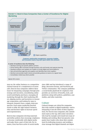 E  | Best-in-Class Companies Have a Center of Excellence for Digital
  Marketing




     Business unit or                                           Chief marketing oﬃcer
     brand director




      Business unit                                                      Digital                 Corporate
                                                   Media                center of                marketing
        or brand
                                                                       excellence
            Business unit
              or brand
                      Business unit
                        or brand               Digital capabilities

                           Customer relationship management, consumer insights,
                          and innovation teams may also report within this structure

 A center of excellence does the following:
   • Develops training and speciﬁc platform primers
   • Drives testing, oﬀers incentives through business units and brands, and captures learning
   • Develops analytics and updates mix models to include digital and social platforms
   • Vets and prioritizes agencies and suppliers and identiﬁes best niche suppliers
   • Monitors and provides health checks and provides guidance to teams on a regular basis
   • Consolidates media buys where possible


  Source: BCG analysis.



may see the online business as a competitive              since 2005 and has introduced a range of
channel instead of a complement to in-store               blogs, discussion forums, and Facebook and
sales. Best-in-class companies address these              Twitter communities. The company publishes
issues by integrating campaigns through joint             a social-media playbook for employees that
strategy and execution, consolidating online              provides an overview of benefits, tools, and
search-and-display purchases, managing all                platforms along with policies, guidelines, case
marketing through the chief marketing offi-               studies, and other materials.
cer, aligning metrics and incentives to encour-
age cooperation, and looking for ways to
integrate channels from a supply chain per-               Culture
spective. Each major marketing function                   Cultural changes are critical for companies
needs to strike the right balance between                 that truly commit to digital marketing—and to
roles and decision rights to increase speed               integrating it into the fabric of their organiza-
and responsiveness.                                       tions. For best-in-class companies, this commit-
                                                          ment starts at the top, with senior executives
Best-in-class companies develop materials                 who lead by example and reward new ways of
and define policies that encourage employees              thinking and working. Most best-practice com-
to become comfortable with digital media                  panies have leaders who show their commit-
and make them a part of their job. For in-                ment by dedicating resources and sending a
stance, Cisco has been active in social media             clear message that digital channels are impor-


                                                                                                      T B C G | 
 
