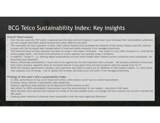 1
Copyright
©
2021
by
Boston
Consulting
Group.
All
rights
reserved.
BCG Telco Sustainability Index: Key insights
Overall O...