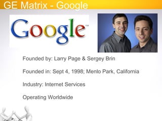 GE Matrix - Google
Founded by: Larry Page & Sergey Brin
Founded in: Sept 4, 1998; Menlo Park, California
Industry: Internet Services
Operating Worldwide
 