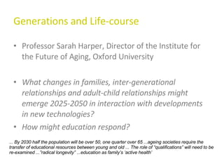 Generations and Life-course Professor Sarah Harper, Director of the Institute for the Future of Aging, Oxford University What changes in families, inter-generational relationships and adult-child relationships might emerge 2025-2050 in interaction with developments in new technologies?  How might education respond?  ... By 2030 half the population will be over 50, one quarter over 65 ...ageing societies require the transfer of educational resources between young and old ... The role of “qualifications” will need to be re-examined ...”radical longevity” ...education as family’s ‘active health’ 