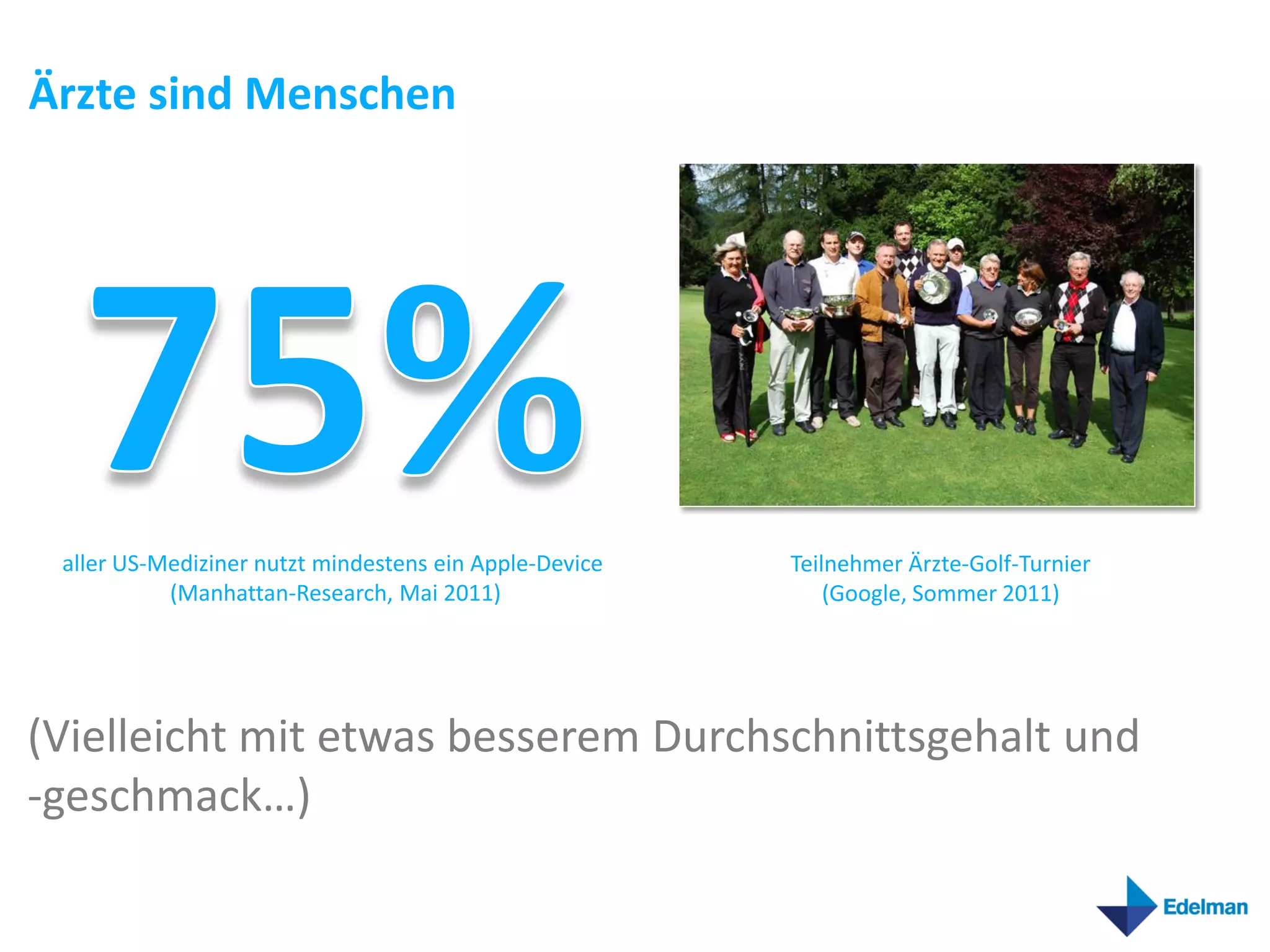 Ärzte sind Menschen




 aller US-Mediziner nutzt mindestens ein Apple-Device   Teilnehmer Ärzte-Golf-Turnier
           (Manhattan-Research, Mai 2011)                   (Google, Sommer 2011)




(Vielleicht mit etwas besserem Durchschnittsgehalt und
-geschmack…)
 