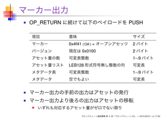 マーカー出力
OP_RETURN に続けて以下のペイロードを PUSH
項目 意味 サイズ
マーカー 0x4f41 (‘OA’) = オープンアセッツ 2 バイト
バージョン 現在は 0x0100 2 バイト
アセット量の数 可変長整数 1∼9 バイト
アセット量リスト LEB128 形式符号無し整数の列 可変長
メタデータ長 可変長整数 1∼9 バイト
メタデータ 空でもよい 可変長
マーカー出力の手前の出力はアセットの発行
マーカー出力より後ろの出力はアセットの移転
いずれも対応するアセット量がゼロでない限り
ブロックチェーン連続講義 第 6 回「ブロックチェーン 2.0」 — 2016-04-01 – p.17/42
 