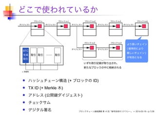 どこで使われているか
ハッシュチェーン構造 (+ ブロックの ID)
TX ID (+ Merkle 木)
アドレス (公開鍵ダイジェスト)
チェックサム
デジタル署名 ブロックチェーン連続講義 第 4 回「暗号技術のリテラシー」 — 2016-03-18 – p.7/38
 