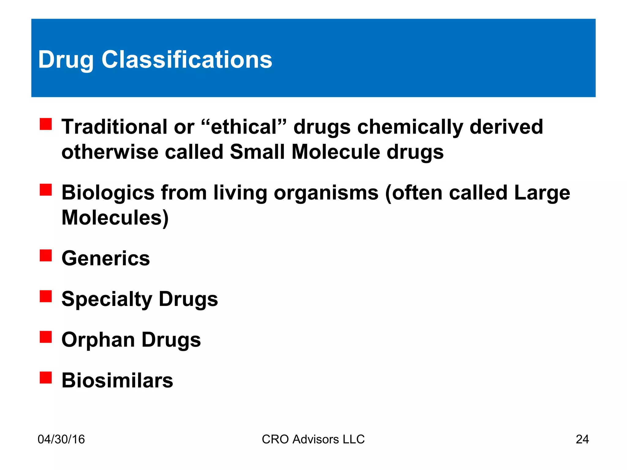 04/30/16 CRO Advisors LLC 24
Drug Classifications
 Traditional or “ethical” drugs chemically derived
otherwise called Small Molecule drugs
 Biologics from living organisms (often called Large
Molecules)
 Generics
 Specialty Drugs
 Orphan Drugs
 Biosimilars
 