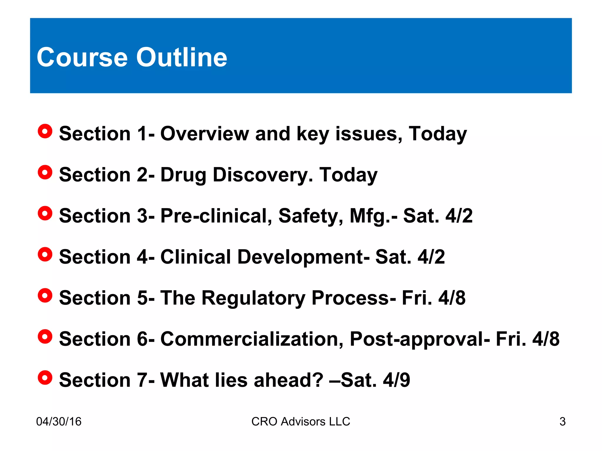 Course Outline
 Section 1- Overview and key issues, Today
 Section 2- Drug Discovery. Today
 Section 3- Pre-clinical, Safety, Mfg.- Sat. 4/2
 Section 4- Clinical Development- Sat. 4/2
 Section 5- The Regulatory Process- Fri. 4/8
 Section 6- Commercialization, Post-approval- Fri. 4/8
 Section 7- What lies ahead? –Sat. 4/9
04/30/16 CRO Advisors LLC 3
 