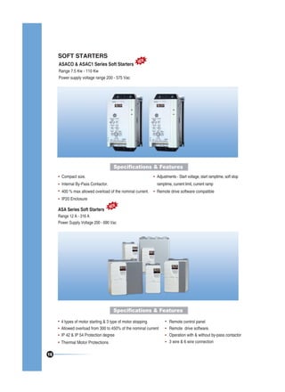 SOFT STARTERS

EW
ASACO & ASAC1 Series Soft Starters N
Range 7.5 Kw - 110 Kw
Power supply voltage range 200 - 575 Vac

Specifications & Features
Compact size.

Adjustments - Start voltage, start ramptime, soft stop

Internal By-Pass Contactor.

ramptime, current limit, current ramp

400 % max allowed overload of the nominal current.

Remote drive software compatible

IP20 Enclosure

ASA Series Soft Starters

NEW

Range 12 A - 316 A
Power Supply Voltage 200 - 690 Vac

Specifications & Features
4 types of motor starting & 3 type of motor stopping
Allowed overload from 300 to 450% of the nominal current
IP 42 & IP 54 Protection degree
Thermal Motor Protections
16

Remote control panel
Remote drive software.
Operation with & without by-pass contactor
3 wire & 6 wire connection

 