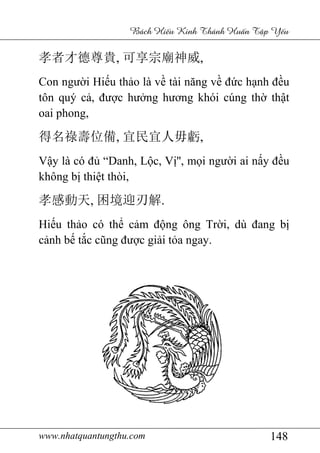 www.nhatquantungthu.com 148
Bách Hi u Kinh Thánh Hu n T p Y u
孝者才德尊貴, 可享宗廟神威,
Con người Hiếu thảo là về tài năng về đức hạnh đều
tôn quý cả, được hưởng hương khói cúng thờ thật
oai phong,
得名祿壽位備, 宜民宜人毋虧,
Vậy là có đủ “Danh, Lộc, Vị'', mọi người ai nấy đều
không bị thiệt thòi,
孝感動天, 困境迎刃解.
Hiếu thảo có thể cảm động ông Trời, dù đang bị
cảnh bế tắc cũng được giải tỏa ngay.
 