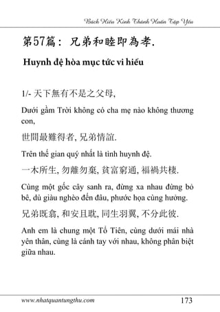 www.nhatquantungthu.com 173
Bách Hi u Kinh Thánh Hu n T p Y u
第第第第57575757篇篇篇篇:::: 兄弟和睦即為孝兄弟和睦即為孝兄弟和睦即為孝兄弟和睦即為孝....
Huynh đệ hòa mục tức vi hiếu
1/- 天下無有不是之父母,
Dưới gầm Trời không có cha mẹ nào không thương
con,
世間最難得者, 兄弟情誼.
Trên thế gian quý nhất là tình huynh đệ.
一木所生, 勿離勿棄, 貧富窮通, 福禍共棲.
Cùng một gốc cây sanh ra, đừng xa nhau đừng bỏ
bê, dù giàu nghèo đến đâu, phước họa cùng hưởng.
兄弟既翕, 和安且耽, 同生羽翼, 不分此彼.
Anh em là chung một Tổ Tiên, cùng dưới mái nhà
yên thân, cùng là cánh tay với nhau, không phân biệt
giữa nhau.
 