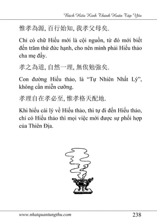 www.nhatquantungthu.com 238
Bách Hi u Kinh Thánh Hu n T p Y u
惟孝為源, 百行始知, 我孝父母矣.
Chỉ có chữ Hiếu mới là cội nguồn, từ đó mới biết
đến trăm thứ đức hạnh, cho nên mình phải Hiếu thảo
cha mẹ đấy.
孝之為道, 自然一理, 無俟勉強矣.
Con đường Hiếu thảo, là “Tự Nhiên Nhất Lý”,
không cần miễn cưỡng.
孝理自在孝必至, 惟孝格天配地.
Khi hiểu cái lý về Hiếu thảo, thì tự đi đến Hiếu thảo,
chỉ có Hiếu thảo thì mọi việc mới được sự phối hợp
của Thiên Địa.
 