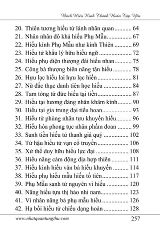 www.nhatquantungthu.com 257
Bách Hi u Kinh Thánh Hu n T p Y u
20. Thiên tương hiếu tử lánh nhãn quan........... 64
21. Nhân nhân đô khả hiếu Phụ Mẫu................ 67
22. Hiếu kính Phụ Mẫu như kính Thiên ........... 69
23. Hiếu tử khẩu lý hữu hiếu ngữ ..................... 72
24. Hiếu phụ diện thượng đái hiếu nhan........... 75
25. Công bà thượng biên năng tận hiếu............ 78
26. Hựu lạc hiếu lai hựu lạc hiền...................... 81
27. Nữ đắc thục danh tiên học hiếu .................. 84
28. Tam tòng tứ đức hiếu tại tiền...................... 87
29. Hiếu tại hương đảng nhân khâm kính......... 90
30. Hiếu tại gia trung đại tiểu hoan................... 93
31. Hiếu tử phùng nhân tựu khuyến hiếu.......... 96
32. Hiếu hóa phong tục nhân phẩm đoan ......... 99
33. Sanh tiền hiếu tử thanh giá quý ................ 102
34. Tử hậu hiếu tử vạn cổ truyền.................... 106
35. Xử thế duy hữu hiếu lực đại ..................... 108
36. Hiếu năng cảm động địa hợp thiên ........... 111
37. Hiếu kinh hiếu văn bả hiếu khuyến .......... 114
38. Hiếu phụ hiếu mẫu hiếu tổ tiên................. 117
39. Phụ Mẫu sanh tử nguyên vi hiếu .............. 120
40. Năng hiếu tựu thị hảo nhi nam.................. 123
41. Vi nhân năng bả phụ mẫu hiếu ................. 126
42. Hạ bối hiếu tử chiếu dạng hoàn ................ 128
 