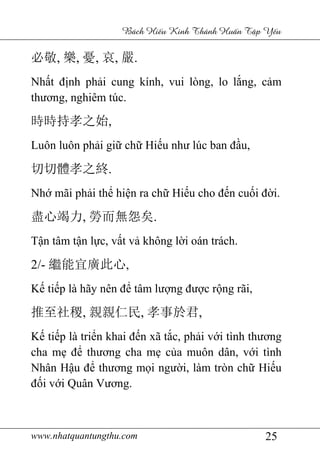 www.nhatquantungthu.com 25
Bách Hi u Kinh Thánh Hu n T p Y u
必敬, 樂, 憂, 哀, 嚴.
Nhất định phải cung kính, vui lòng, lo lắng, cảm
thương, nghiêm túc.
時時持孝之始,
Luôn luôn phải giữ chữ Hiếu như lúc ban đầu,
切切體孝之終.
Nhớ mãi phải thể hiện ra chữ Hiếu cho đến cuối đời.
盡心竭力, 勞而無怨矣.
Tận tâm tận lực, vất vả không lời oán trách.
2/- 繼能宜廣此心,
Kế tiếp là hãy nên để tâm lượng được rộng rãi,
推至社稷, 親親仁民, 孝事於君,
Kế tiếp là triển khai đến xã tắc, phải với tình thương
cha mẹ để thương cha mẹ của muôn dân, với tình
Nhân Hậu để thương mọi người, làm tròn chữ Hiếu
đối với Quân Vương.
 