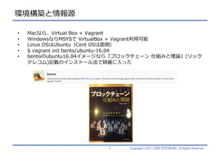 Copyright © 2017 CUBE SYSTEM INC. All Rights Reserved.
環境構築と情報源
4
• Macなら、Virtual Box + Vagrant
• WindowsならMSYSで VirtualBox + Vagrant利⽤可能
• Linux OSはUbuntu（Cent OSは⾯倒）
• $ vagrant init bento/ubuntu-16.04
• bentoのubuntu16.04イメージなら『ブロックチェーン 仕組みと理論』(リック
テレコム)記載のインストール法で綺麗に⼊った
 
