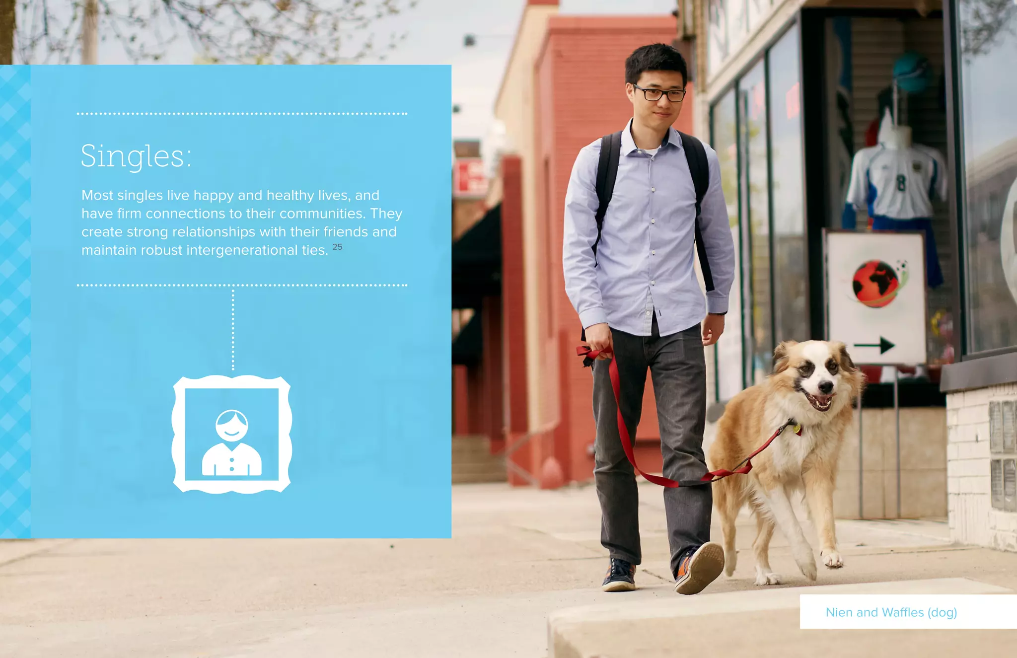 Singles:
Most singles live happy and healthy lives, and
have firm connections to their communities. They
create strong relationships with their friends and
maintain robust intergenerational ties. 25
Nien and Waffles (dog)
 