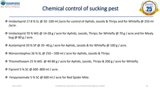 28-12-2022 Confidential- Exclusive for use of Shanmukha Agritec Limited 23
Chemical control of sucking pest
 Imidacloprid 17.8 % SL @ 50 -100 ml /acre for control of Aphids, Jassids & Thrips and for Whitefly @ 250 ml
/acre.
 Imidacloprid 70 % WG @ 14-28 g / acre for Aphids, Jassids, Thrips; for Whitefly @ 70 g / acre and for Mealy
bug @ 80 g / acre.
 Acetamiprid 20 % SP @ 20 -40 g / acre for Aphids, Jassids & for Whitefly @ 100 g / acre.
 Monocrotophos 36 % SL @ 250 – 500 ml / acre for Aphids, Jassids & Thrips.
 Thiomethoxam 25 % WG @ 40-80 g / acre for Aphids, Jassids, Thrips & 200 g / acre for Whitefly.
 Fipronil 5 % SC @ 600 -800 ml / acre.
 Fenpyroximate 5 % SC @ 600 ml / acre for Red Spider Mite.
 