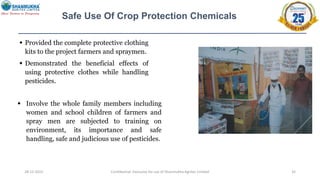 28-12-2022 Confidential- Exclusive for use of Shanmukha Agritec Limited 32
 Provided the complete protective clothing
kits to the project farmers and spraymen.
 Demonstrated the beneficial effects of
using protective clothes while handling
pesticides.
 Involve the whole family members including
women and school children of farmers and
spray men are subjected to training on
environment, its importance and safe
handling, safe and judicious use of pesticides.
Safe Use Of Crop Protection Chemicals
 