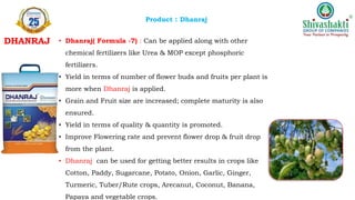 BENEFITS
Product : Dhanraj
• Dhanraj( Formula -7) : Can be applied along with other
chemical fertilizers like Urea & MOP except phosphoric
fertilizers.
• Yield in terms of number of flower buds and fruits per plant is
more when Dhanraj is applied.
• Grain and Fruit size are increased; complete maturity is also
ensured.
• Yield in terms of quality & quantity is promoted.
• Improve Flowering rate and prevent flower drop & fruit drop
from the plant.
• Dhanraj can be used for getting better results in crops like
Cotton, Paddy, Sugarcane, Potato, Onion, Garlic, Ginger,
Turmeric, Tuber/Rute crops, Arecanut, Coconut, Banana,
Papaya and vegetable crops.
DHANRAJ
 